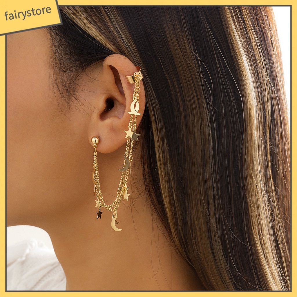1 Khuyên Kẹp Vành Tai Hình Trăng Sao Phối Tua Rua Phong Cách Vintage Thanh Lịch Cho Đám Cưới