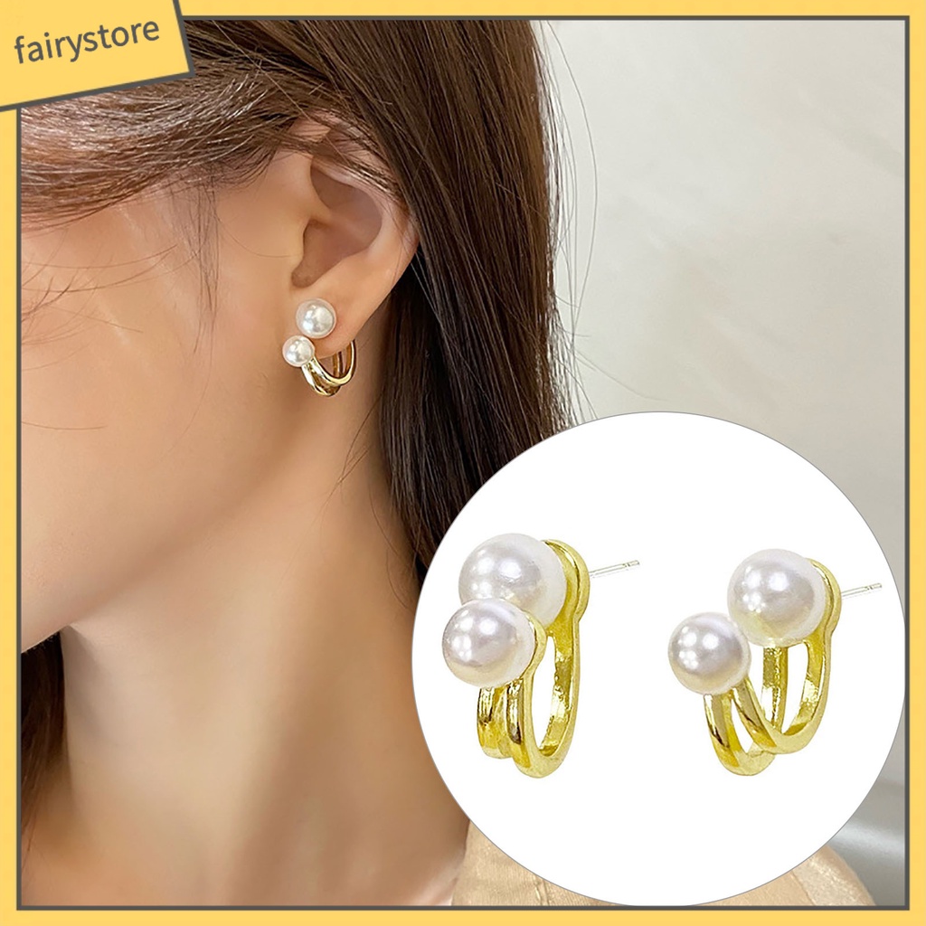 [FRO] 1 Đôi Bông Tai Ngọc Trai Hai Lớp Duyên Dáng Đơn Giản Thích Hợp Làm Quà Tặng