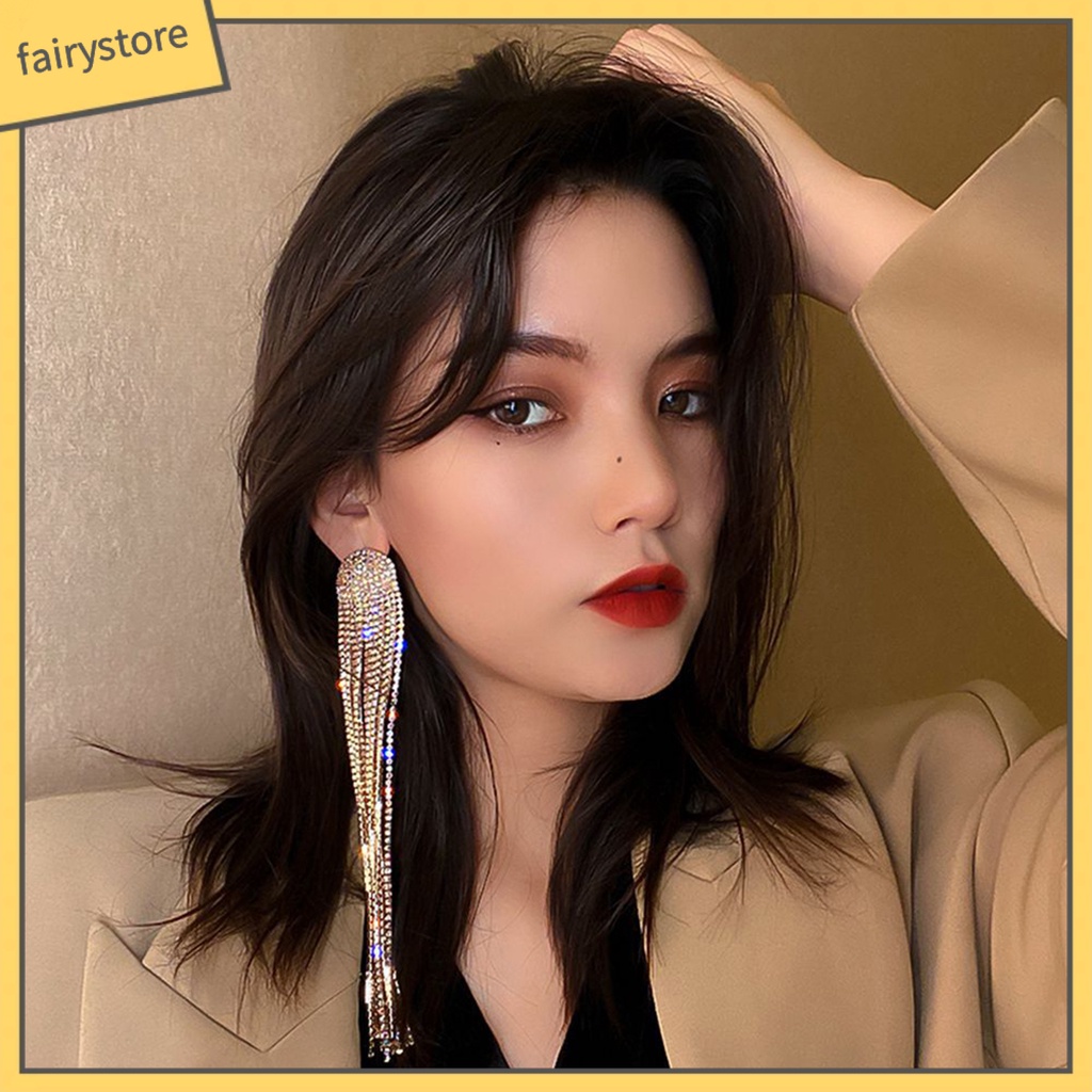 1 Đôi Bông Tai Dáng Dài Đính Đá Lấp Lánh Thời Trang Cho Nữ