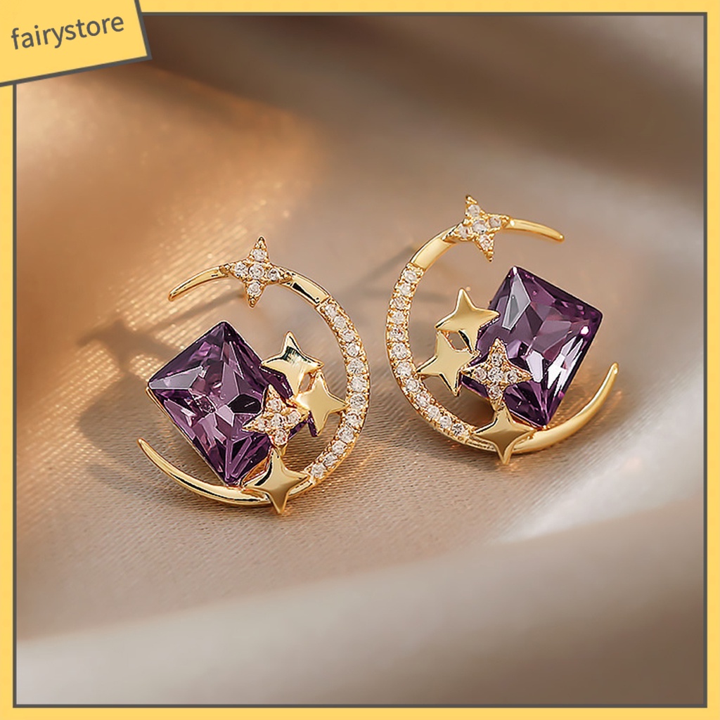 1 Đôi Bông Tai Hợp Kim Hình Ngôi Sao / Mặt Trăng Lấp Lánh Chống Oxy Hóa Thân Thiện Với Da Không Gây Kích Ứng Phong Cách Hàn Quốc Dành Cho Nữ