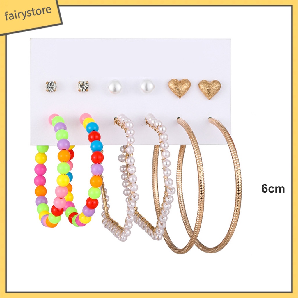 Set 6 Đôi Bông Tai Dạng Vòng Đính Đá Nhiều Màu Sắc Bằng Hợp Kim Cho Nữ