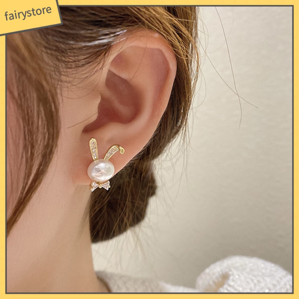 [FRO] 1 Đôi Khuyên Tai Xỏ Hạt Ngọc Trai Giả Hình Thú Không Gây Dị Ứng Trang Trí Khối Đá Zirconia Không Phai Màu Trang Sức Cho Nữ