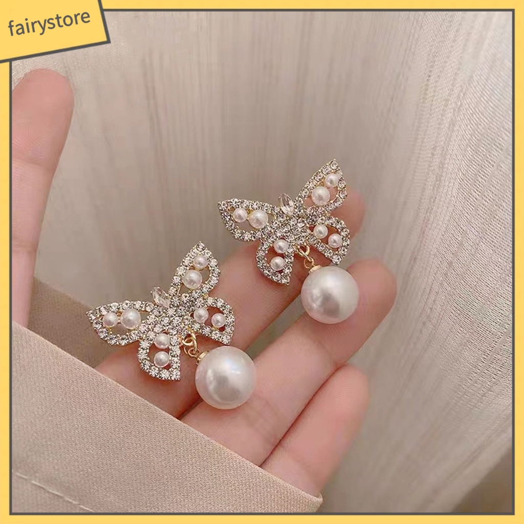 1 Đôi Bông Tai Dáng Dài Hình Bướm Đính Ngọc Trai Giả Phong Cách Pháp Thanh Lịch