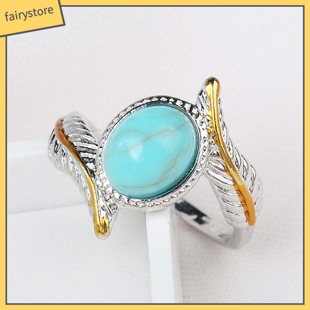 Nhẫn Đính Hôn Hai Tông Màu Đính Đá Ngọc Lam Giả Phong Cách Vintage Dành Cho Nữ