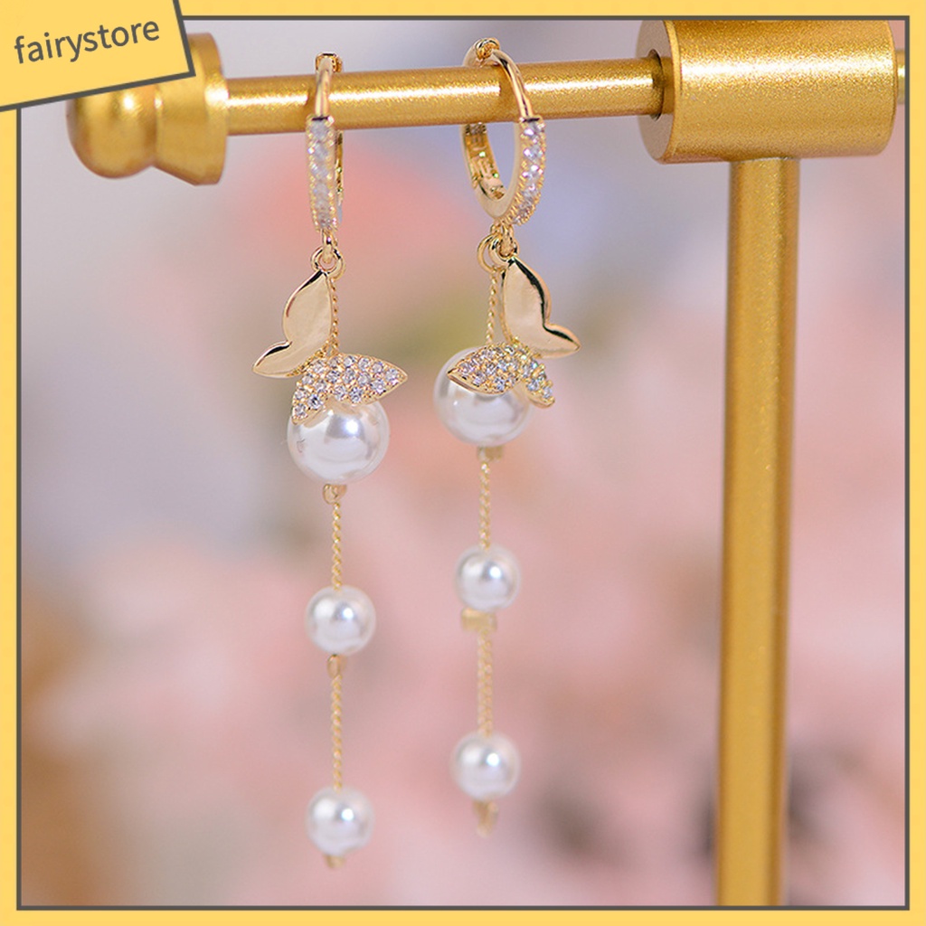 1 Đôi Bông Tai Tua Rua Hình Bướm Đính Ngọc Trai Nhân Tạo Phong Cách Hàn Quốc Dành Cho Nữ