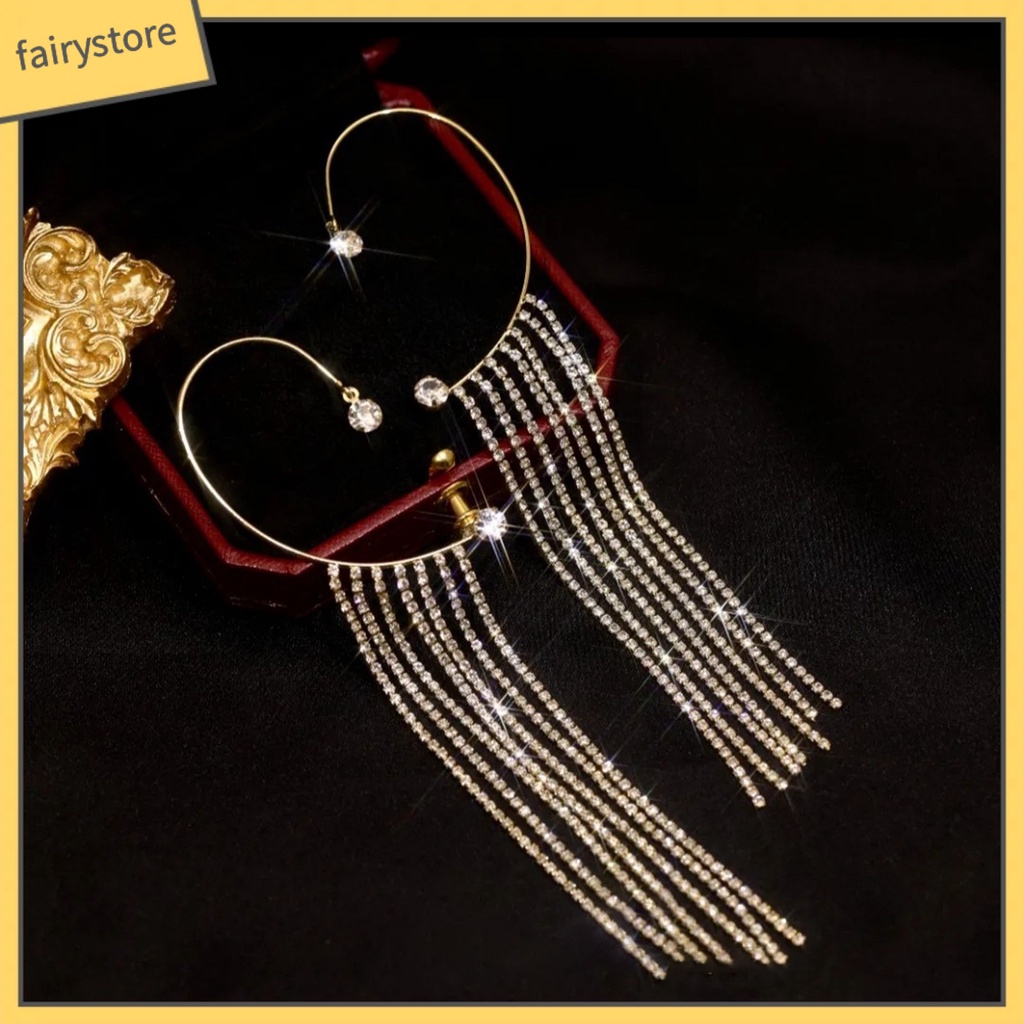 1 Khuyên Kẹp Vành Tai Đính Đá Phối Tua Rua Đơn Giản Thời Trang Đám Cưới