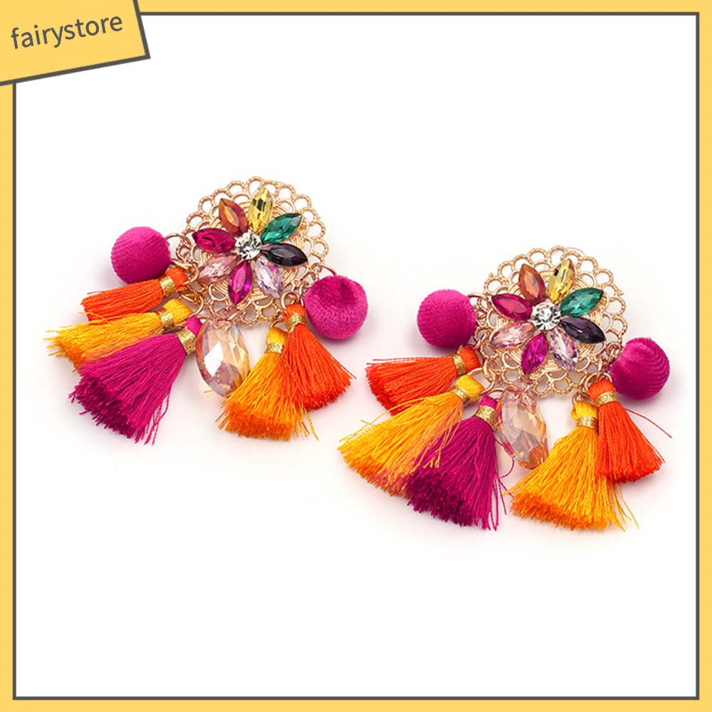 Bông Tai Dạng Dây Tua Rua Đính Đá Phong Cách Boho Cho Nữ