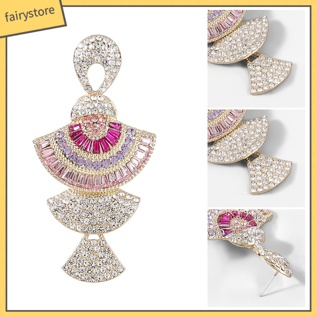 1 Đôi Bông Tai Hình Quạt Đính Đá Nhiều Màu Sắc Lấp Lánh Dành Cho Nữ