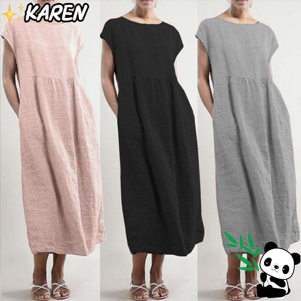 Đầm Dài Vải Lanh Cotton Phối Túi Plus Size Thời Trang Mùa Hè Cho Nữ