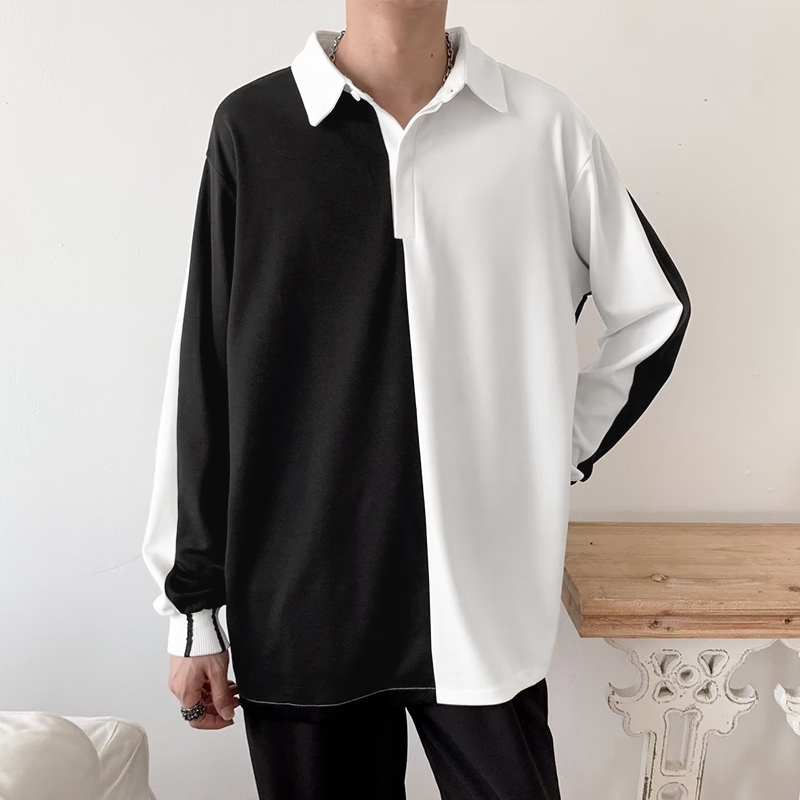 XMAN Hàn Quốc cao cấp màu đen va chạm áo polo dài tay áo T-shirt