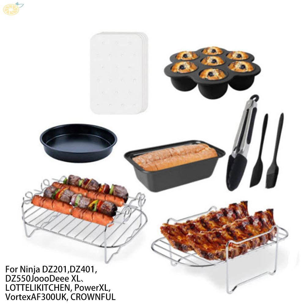 【VARSTR】Air Fryer Accessory Set Multi Purpose 9 Piece Kit with Non Stick Coated Pans &amp; Skewer Rack
