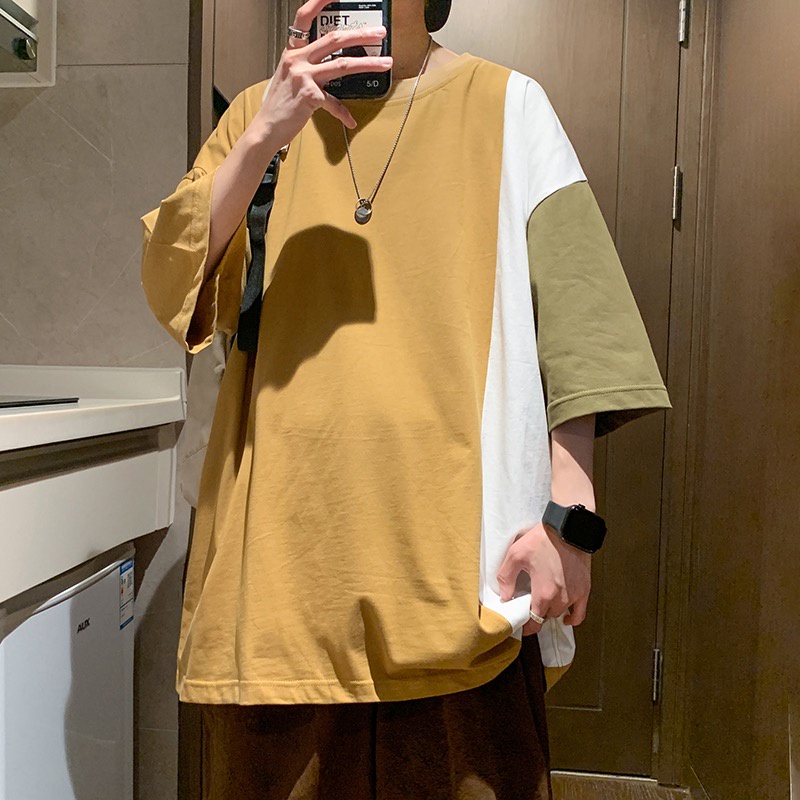 Áo Thun Cotton Tay Ngắn Màu Sắc Tương Phản Trọng Lượng Nhẹ Thời Trang Mùa Hè Cho Nam