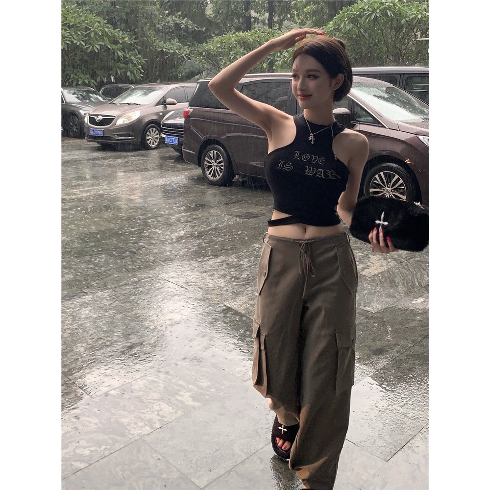 Áo Hai Dây Dáng Ngắn In Chữ I Màu Đen Phong Cách Mỹ Thời Trang Mùa Hè Cho Bạn Gái Z0FR