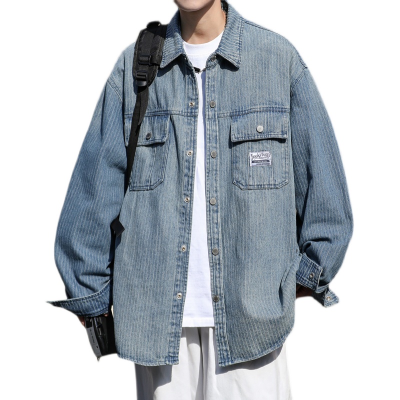 Áo Khoác Denim Kẻ Sọc Dọc Dáng Rộng Kiểu Đường Phố Mỹ Thời Trang Xuân Thu Cho Nam