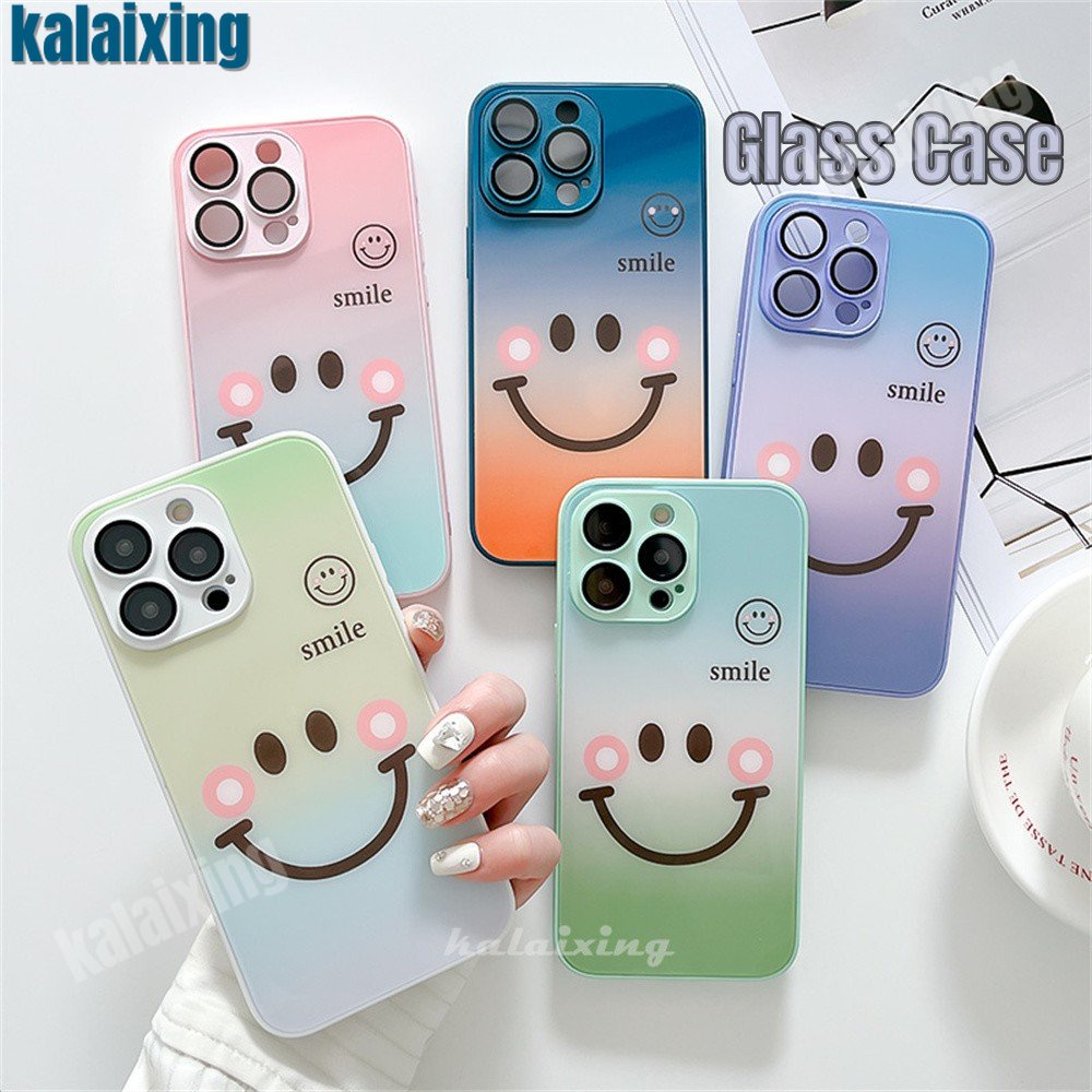 Ốp Điện Thoại Kính Cường Lực Cứng Hình Mặt Cười Màu Gradient Cho iPhone 14 Pro Max 13 12 Pro Max 11 Pro Max