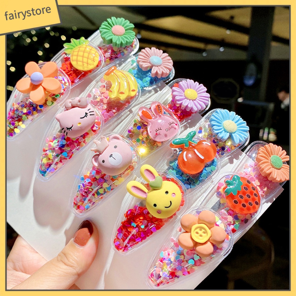 Set 5 Kẹp Tóc Trong Suốt Họa Tiết Trái Cây Phối Cát Lún Xinh Xắn Cho Bé Gái