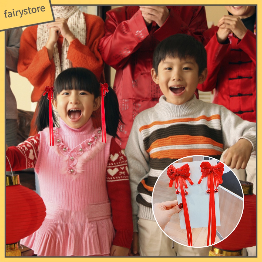 1 Cặp Kẹp Tóc Nơ Ruy Băng Dài Màu Đỏ Dễ Thương Có Chuông Thanh Lịch Dành Cho Bé Gái Mặc Trong Năm Mới