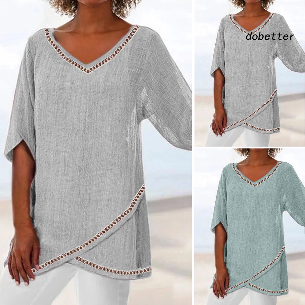 [DO] Áo Sơ Mi Dáng Rộng Cổ Chữ V Viền Ren Không Đều Màu Sắc Tinh Khiết Dành Cho Nữ