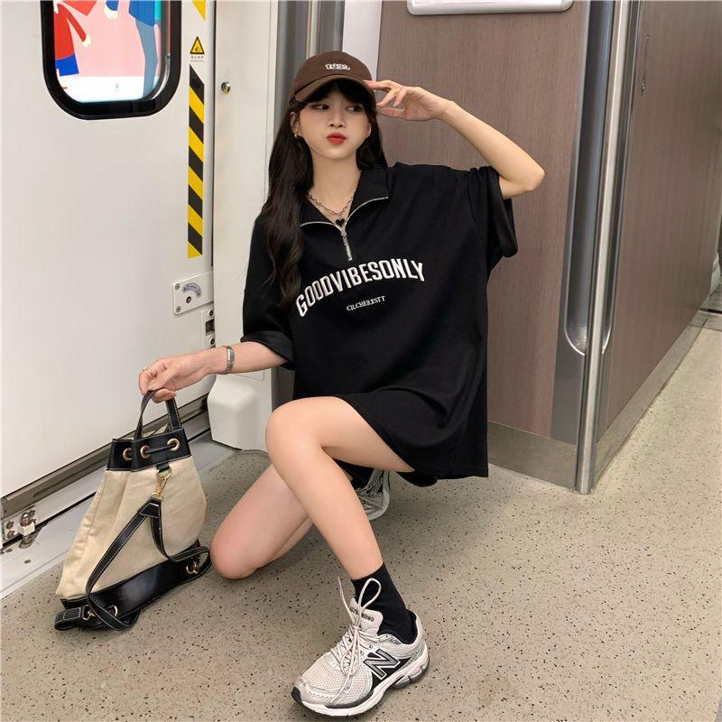 COZOK Áo polo Ngắn Tay Form Rộng In Chữ Thời Trang Hàn Quốc