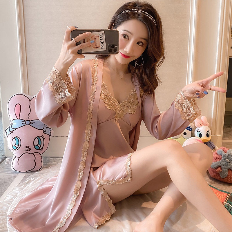 Bộ Đồ Ngủ Hai Dây Bằng Lụa Mát Màu Trơn Phối Ren Gợi Cảm Thời Trang Xuân Thu Hàng Mới 2023 Dành Cho Bạn Nữ