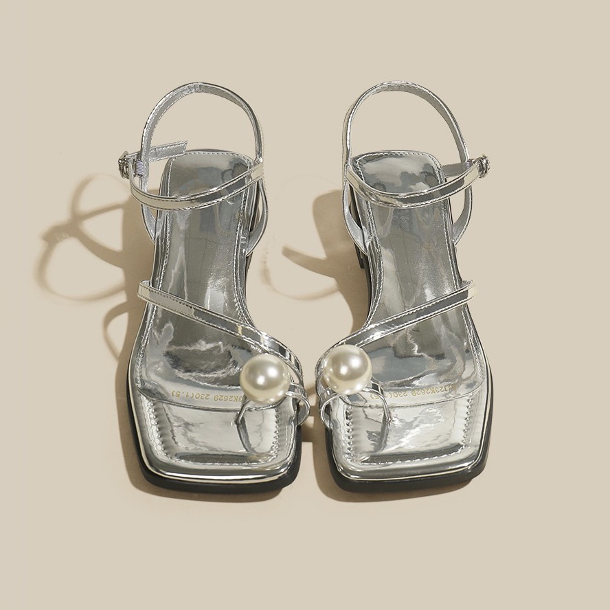 Duoya Tóc Thẳng ~ [Hàng Có Sẵn] [RUODAN] Giày Sandal Gót Dày Phẳng Quai Đính Ngọc Trai Giản Dị Miễn Phí Vận Chuyển