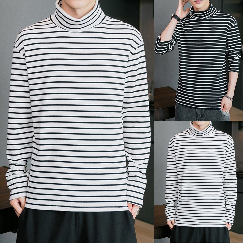 Áo Thun Dài Tay Họa Tiết Kẻ Sọc Chất Liệu Polyester Thời Trang Mùa Đông Cho Nam Size M-2XL