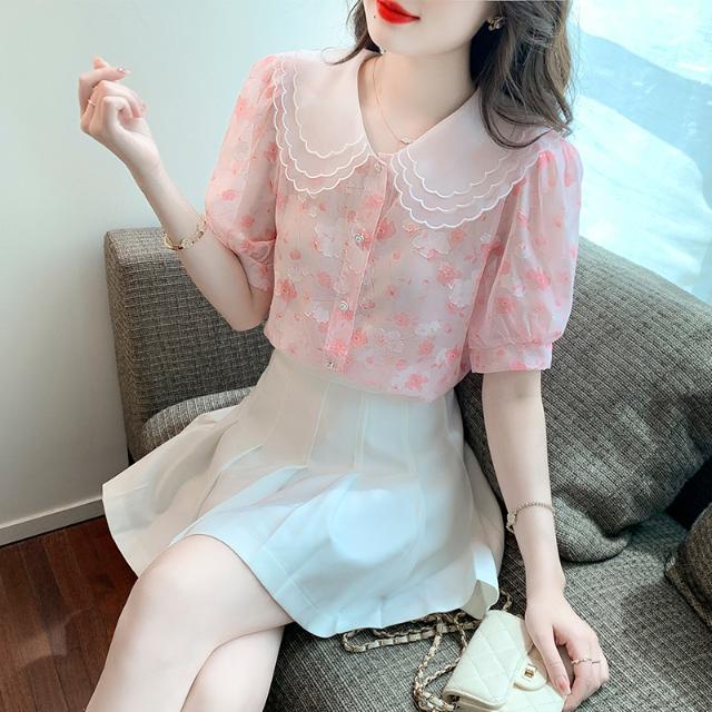 Áo Sơ Mi Chiffon Tay Ngắn Cổ Búp Bê In Họa Tiết Hoa Mẫu Mới 2023 Thời Trang Mùa Hè Cho Nữ