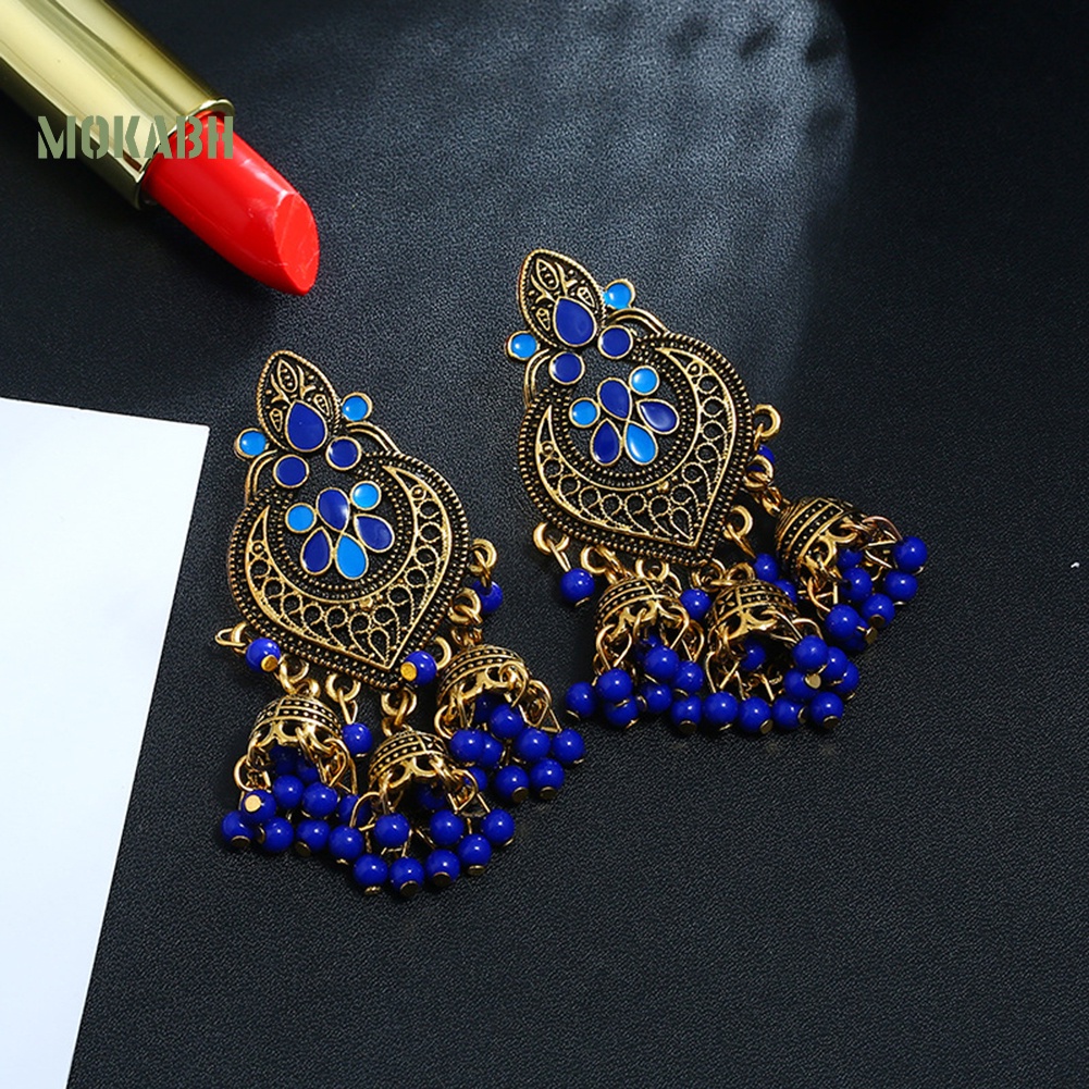 Bông Tai Chuỗi Hạt Trái Tim Phối Tua Rua Phong Cách Bohemian