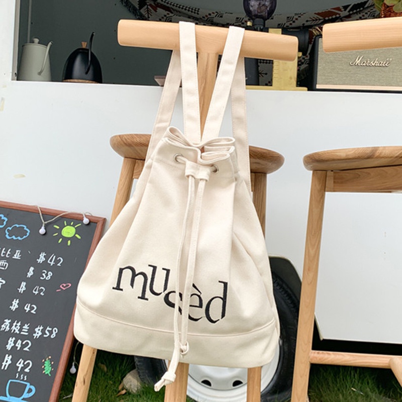 Ba Lô Rút Dây Bằng Vải Bạt Đơn Giản Sức Chứa Lớn In Chữ Thời Trang Phong Cách Hàn Quốc Cho Nữ