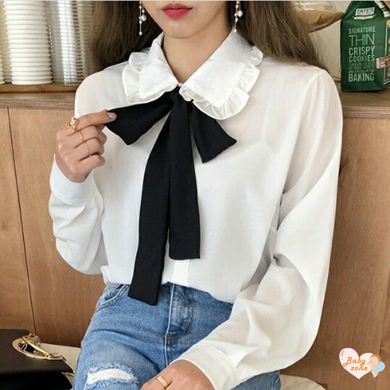 Áo Sơ Mi Tay Dài Thắt Nơ Phong Cách Preppy