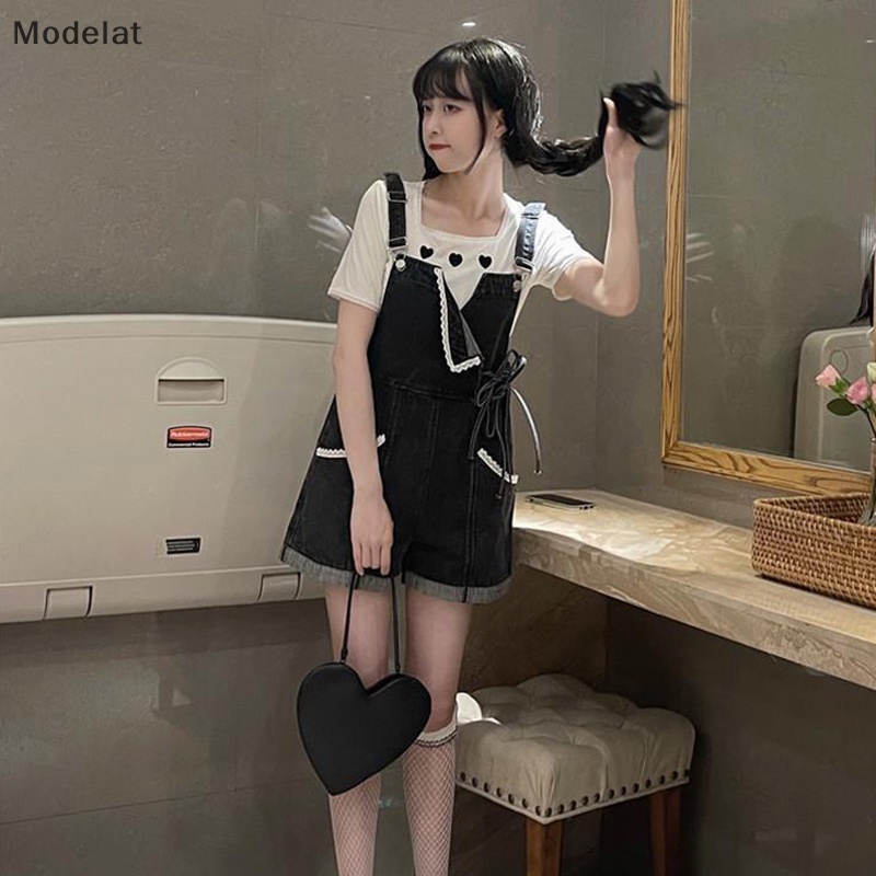 Mfc Quần Yếm Denim Lưng Cao Dáng Rộng Cột Dây Phong Cách Lolita Đáng Yêu Cho Nữ