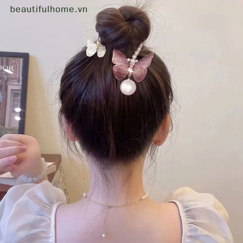 Kẹp Tóc Càng Cua Đính Đá Ngọc Trai Hình Bướm Xinh Xắn Cho Nữ