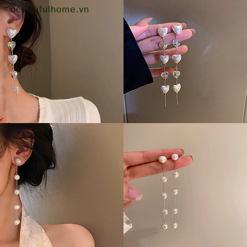 [beautifulhome] Bông Tai Ngọc Trai Kim Loại Dài Tua Rua Hình Học Thời Trang Cổ Điển Tinh Tế [beauty]