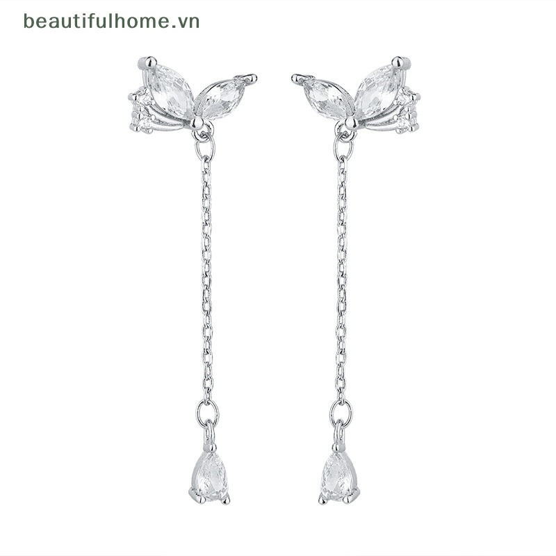 [beautifulhome] Bông Tai Dáng Dài Đính Đá Zircon Hình Bướm Lấp Lánh Thời Trang Cho Nữ