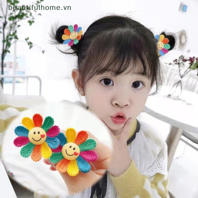 [beautifulhome] 1 Cặp Kẹp Tóc Hoa Hướng Dương / Mặt Cười / Dây Buộc Tóc Dệt Kim Cho Bé Gái [Đẹp]