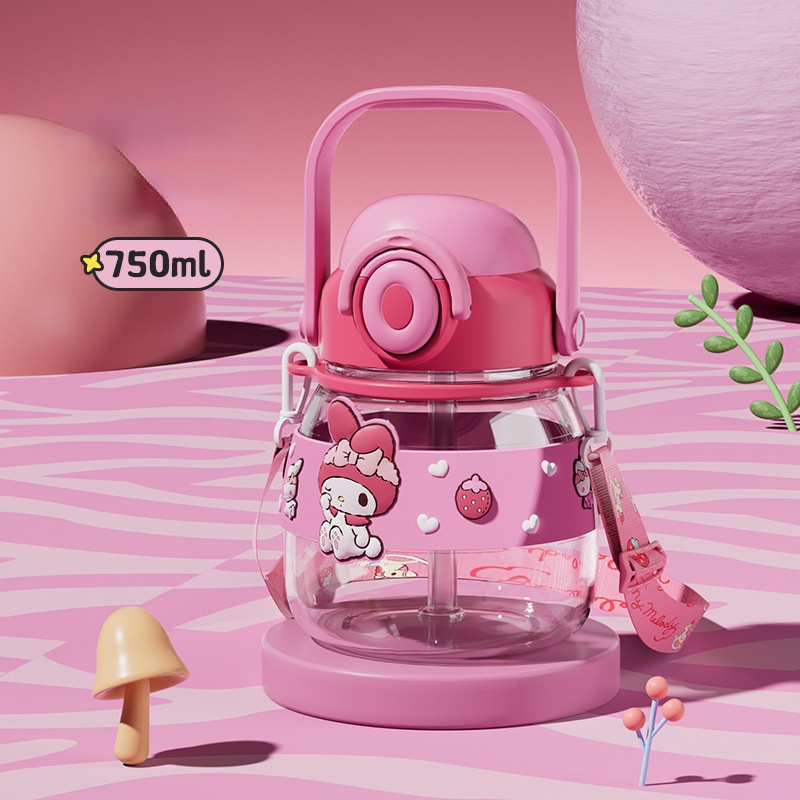 Bình Nước Dung Tích Lớn 750ml Có Ống Hút Họa Tiết Hoạt Hình Hello Kitty / Cinnamoroll Kuromi Dễ Thương Cho Bé
