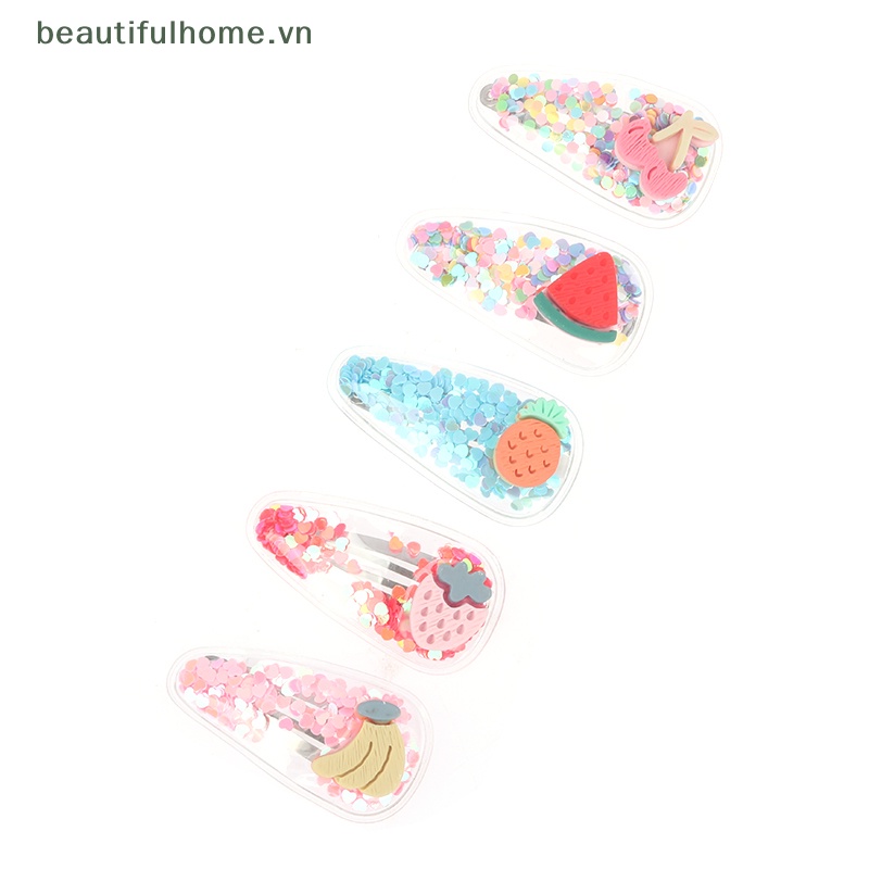 [beautifulhome] Set 5 Kẹp Tóc Mái Bên Họa Tiết Động Vật / Trái Cây / Cát Lún Lấp Lánh Dễ Thương [beauty]