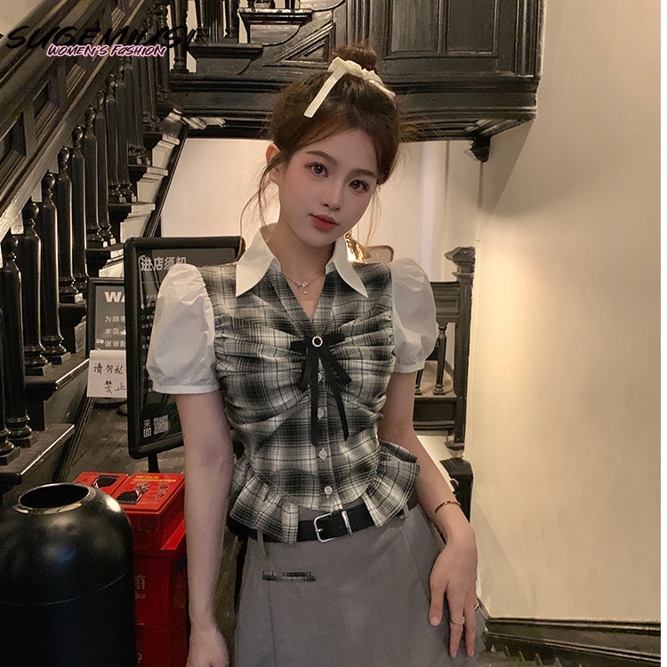 Sugemiusi Áo Sơ Mi Thắt Nơ Eo Nhỏ Kẻ Sọc Phong Cách Preppy Thời Trang Mùa Hè Cho Nữ