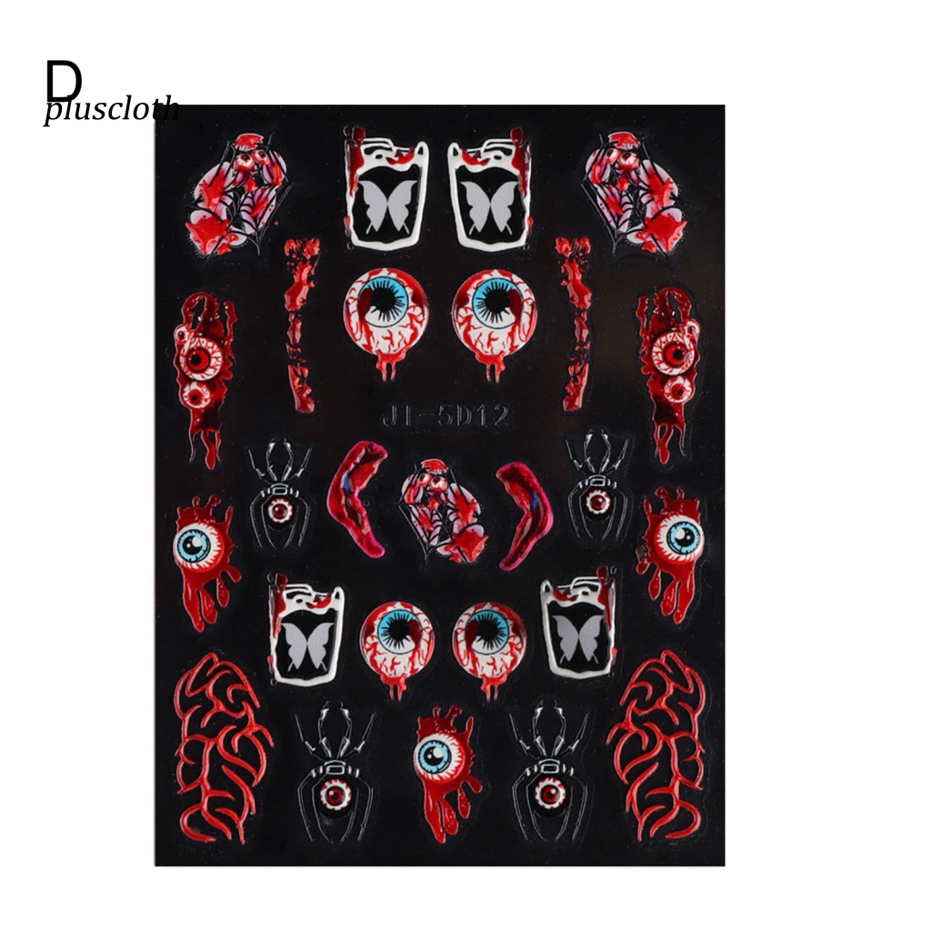 &lt; Plusclothing &gt; Nhãn Dán Móng Tay Dạng Trượt In Họa Tiết Kinh Dị Chống Nước Không Phai Màu Tự Dính Bằng Nhựa Resin Máu Đầu Lâu