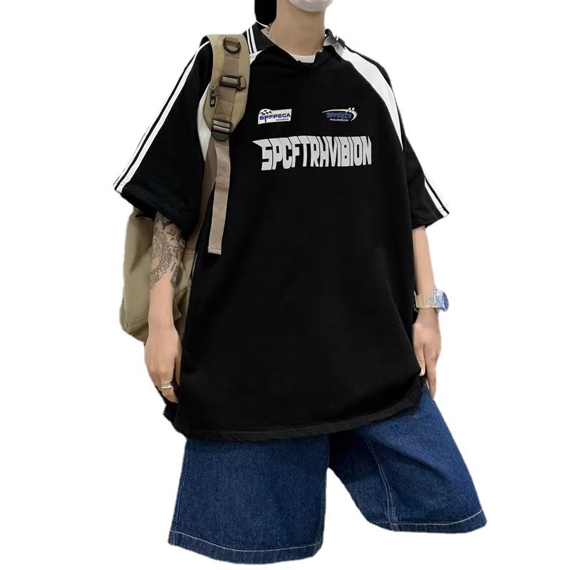 Áo Thun Polo Ngắn Tay Màu Sắc Tương Phản Phong Cách Đường Phố Mỹ Thời Trang Mùa Hè Cho Nam Và Nữ