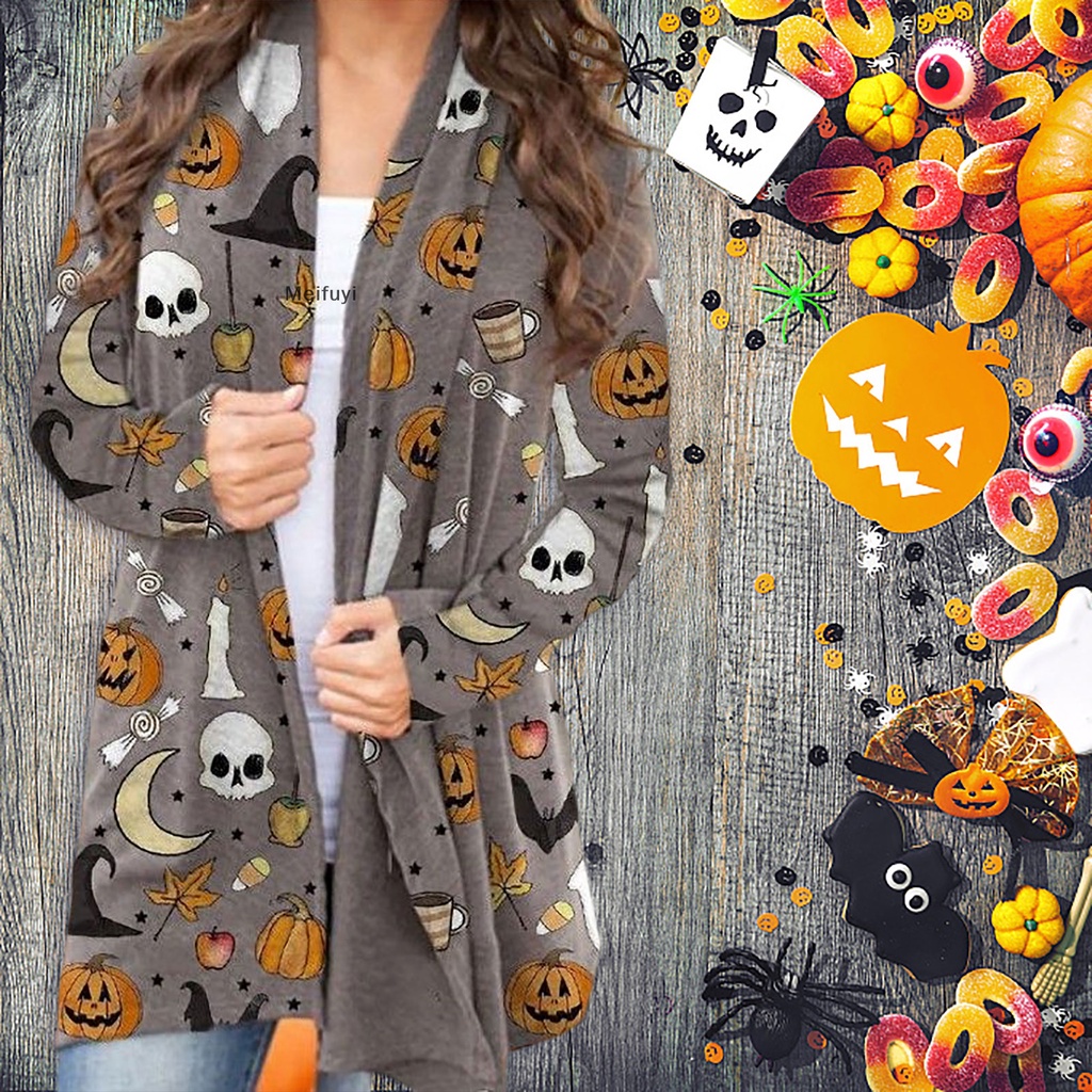 [Meifuyi] Áo Khoác Cardigan Dệt Kim Tay Dài Hình Mèo Bí Ngô Halloween Cho Nữ