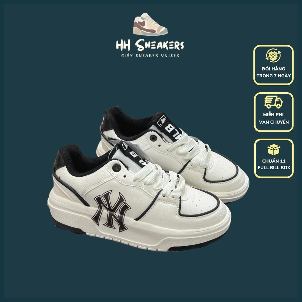 Giày thể thao MLB NY Chunky Liner nam nữ màu trắng đen chuẩn 11, Giày sneaker độn đế tăng chiều cao Full Box