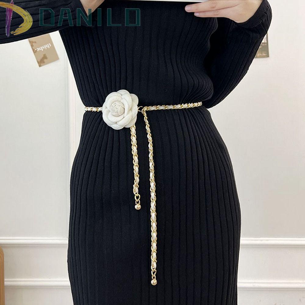 Thắt Lưng Da PU Phối Xích Hình Hoa Trà Đơn Giản Dễ Phối Đồ