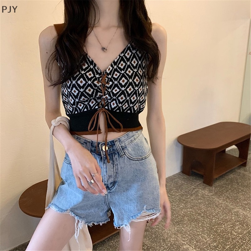 Áo Hai Dây Dệt Kim Cổ Chữ V Phong Cách Retro Cho Nữ PJ