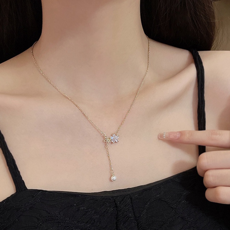 Ygt Vòng cổ Bằng Thép Titan Đính Ngọc Trai Và Đá Zircon Hình Hoa Tua Rua Đơn Giản Ngọt Ngào Thời Trang Cho Nữ
