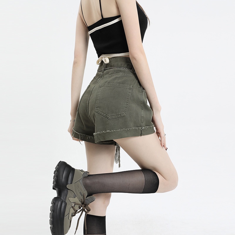 Quần Short Denim Lưng Cao Ống Rộng Phong Cách Retro Mỹ