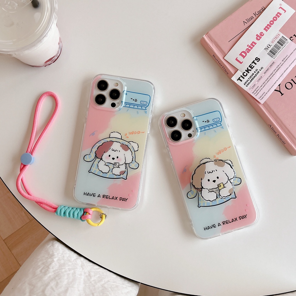 Ốp Điện Thoại TPU Mềm Trong Suốt Chống Sốc In Hình Chú Chó Hoạt Hình Có Giá Đỡ Và Dây Đeo Cổ Tay Cho iPhone 11 13 12 14 Pro Max