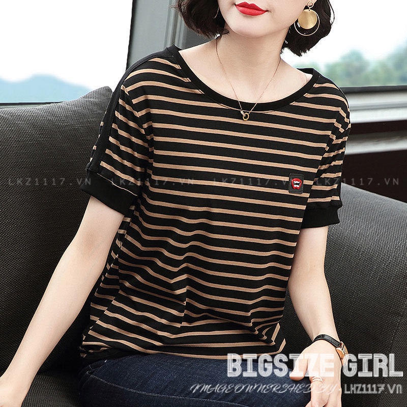 Áo thun nữ trung niên kẻ sọc tay ngắn cổ tròn Bigsize Áo trung niên nữ sang trọng form rộng mùa hè cho mẹ cho bà Thời trang Trung Niên Cao Cấp