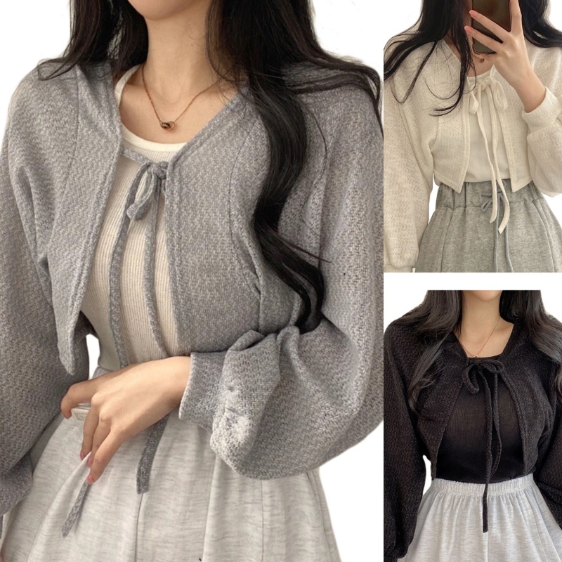 Áo Croptop Dệt Kim Mỏng Màu Trơn Tay Phồng Cột Dây Kiểu Hàn Quốc Thời Trang Mùa Hè Cho Nữ