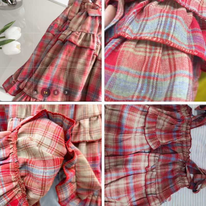 Áo babydoll hai dây kẻ caro đỏ buộc vai thắt nơ